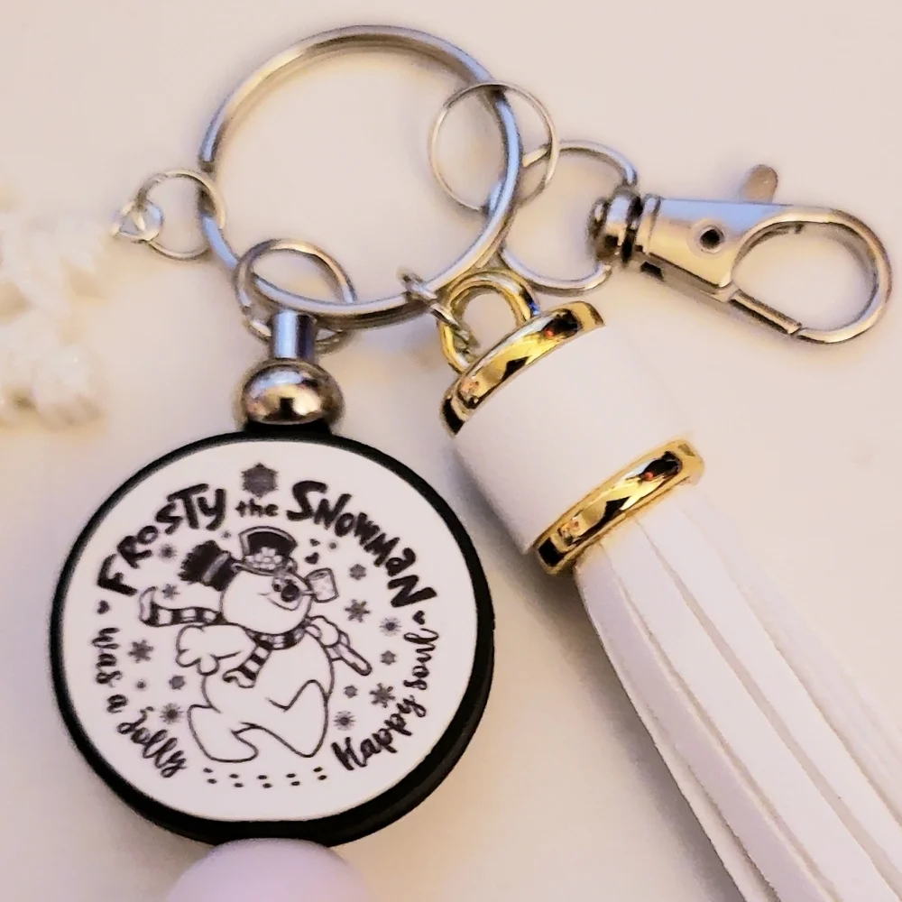 Handmade Glow In Dark Silicone Focal Beaded Retro Frosty The Snowman Keychain
